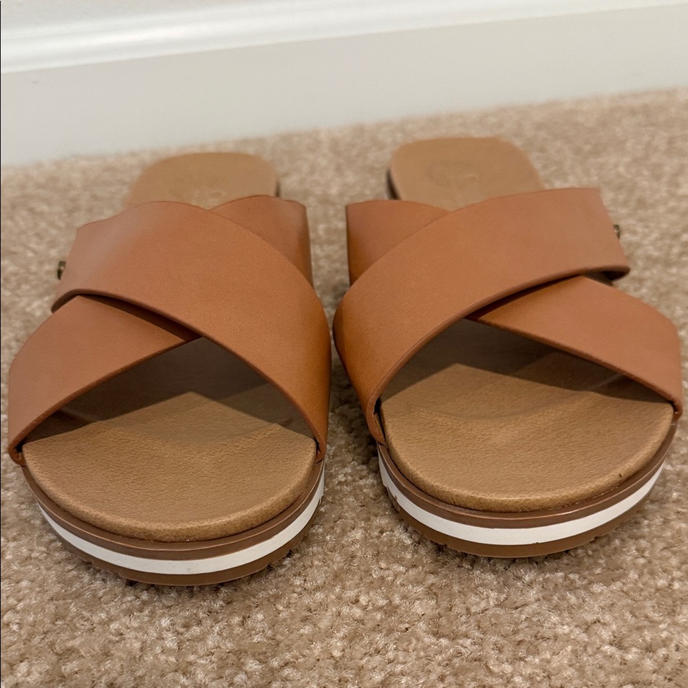 Catherine Malandrino Cognac Tan Cross-Strap Slide Sandals Size 6.5- NWOT - Picture 5 of 9